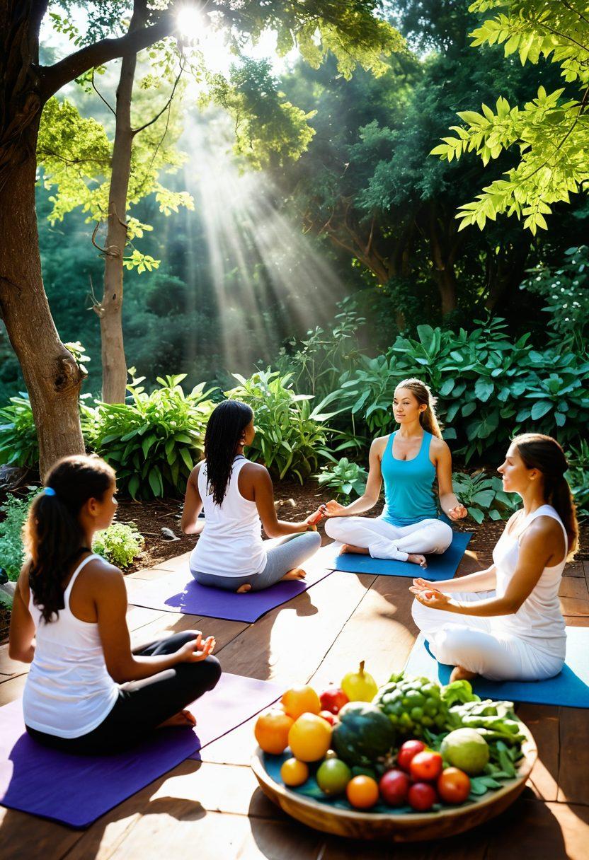 A serene scene showcasing a diverse group of survivors engaged in holistic healing practices, including meditation, yoga, and nutritious cooking. Surround them with vibrant fruits and vegetables, and natural healing herbs, while a peaceful outdoor setting with soft sunlight filters through trees. Infuse the image with a sense of hope and tranquility, representing the journey of healing through lifestyle and nutrition. super-realistic. vibrant colors. soft focus.