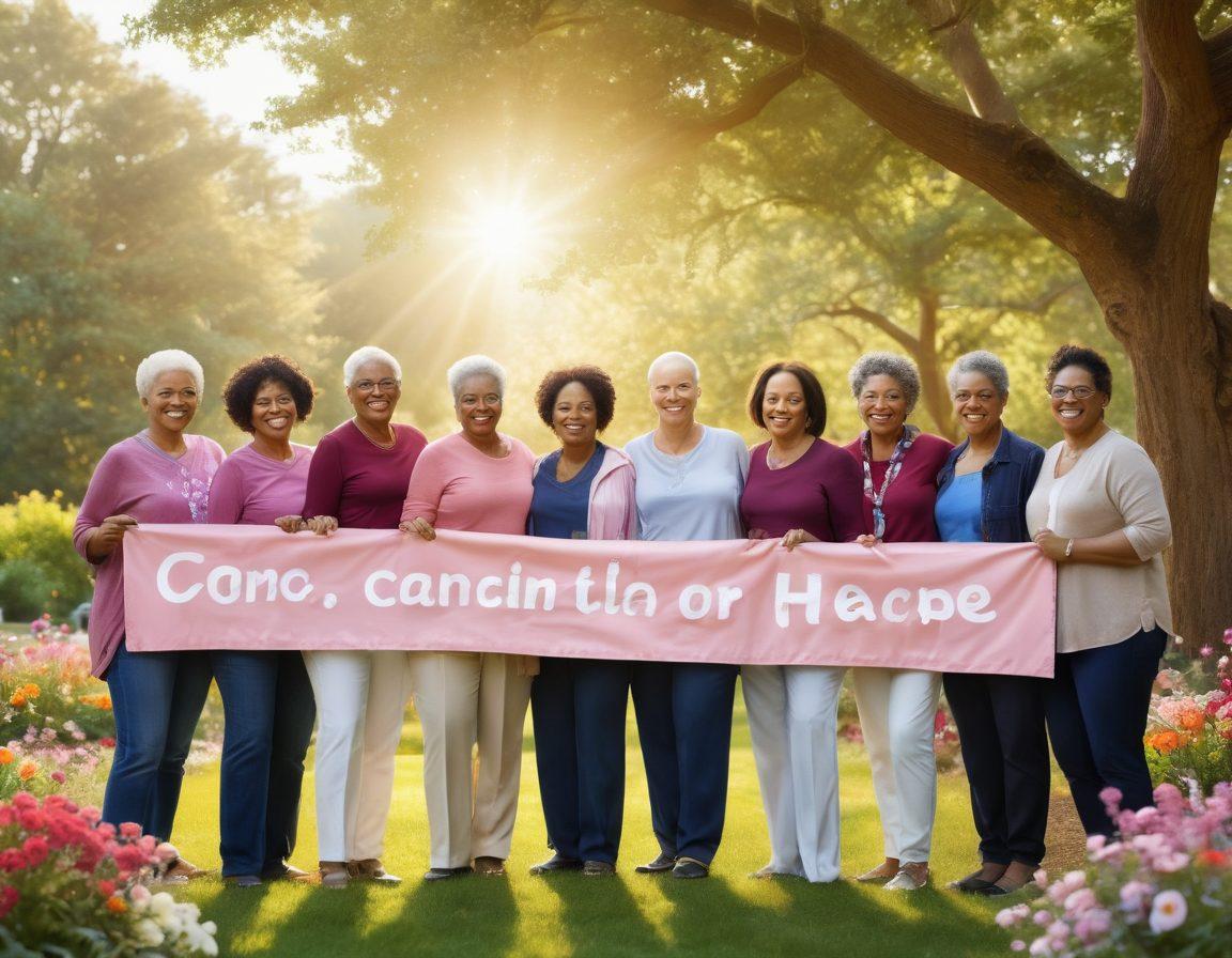 A group of diverse cancer survivors standing together, radiating resilience and hope, each sharing their unique story. The background features a blooming garden symbolizing growth and healing. Soft sunlight filters through the trees, illuminating their expressions of joy and camaraderie. Include supportive elements such as ribbons and a banner reading 'Empowerment & Advocacy'. vibrant colors. super-realistic.