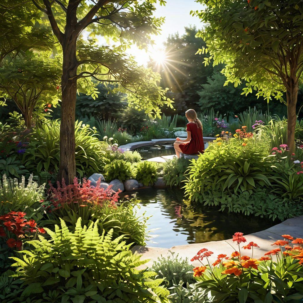 A serene and lush garden filled with vibrant medicinal plants and flowers, a person gently tending to the plants while basking in sunlight. In the background, a soft-focus silhouette of a support group sharing stories near a tranquil water feature, symbolizing healing and community. Sunlight filtering through trees creates a warm, inviting atmosphere. super-realistic. vibrant colors. 3D.